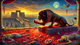 Sekhmet bebiendo una cerveza de color rojo, una mezcla de cerveza y jugo de granada, mientras el campo de batalla se tranquiliza y su sed de sangre se apacigua.