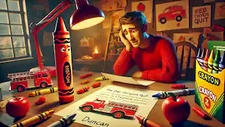 Duncan leyendo una carta del frustrado lápiz rojo junto a objetos de color rojo.