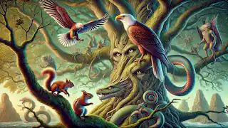 Un águila, un halcón llamado Vedrfolnir y una ardilla llamada Ratatoskr se encuentran en las ramas de Yggdrasil, manteniendo el equilibrio cósmico.