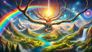Las ramas de Yggdrasil sosteniendo Midgard y Asgard, conectadas por el puente arcoíris Bifrost, en un paisaje exuberante.