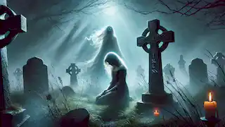 Eleanor se agacha diante de uma sepultura em um cemitério envolto em névoa, enquanto a espectral Banshee paira atrás dela, imersa em tristeza.