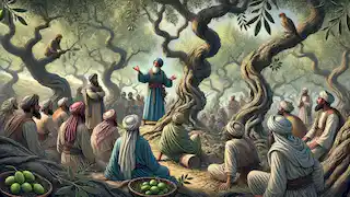 Al-Khidr enseignant aux villageois dans un ancien verger d'oliviers, montrant comment prendre soin des arbres et récolter les olives, avec des branches noueuses et un feuillage dense.