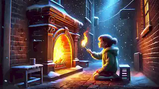 La pequeña vendedora de fósforos enciende un fósforo y ve la imagen de una estufa cálida con puertas brillantes y al rojo vivo.