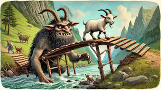 El pequeño Billy Goat Gruff se sube al puente mientras el troll emerge de abajo, observando al cabrito con gran atención.
