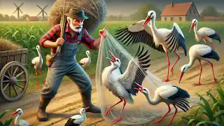 Le fermier attrapant plusieurs grues et une cigogne dans un filet.