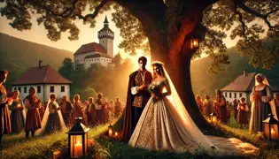 Una escena de boda medieval bajo un roble, con Marija vestida en un elegante vestido dorado, al lado de Luka, quien ahora se revela como un príncipe, rodeados por los aldeanos.