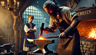 Un herrero forja una espada brillante en una fragua medieval, mientras el joven Bálint observa con determinación.