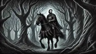 Un decidido príncipe medieval montando un caballo negro a través del inquietante Bosque Negro, rodeado de árboles retorcidos y sombras profundas.