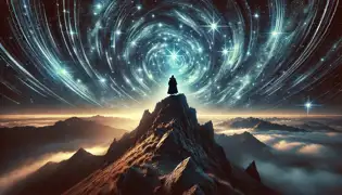 El príncipe Csaba contempla las constelaciones danzantes durante el Celestial Baile de las Estrellas en la cima del Pico Sagrado.