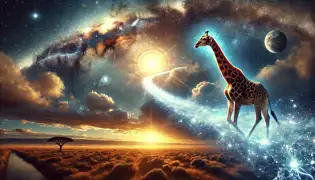 Nkanyezi camina por el resplandeciente Puente del Cielo, rodeado de estrellas, dirigiéndose hacia la radiante Luz de la Creación.