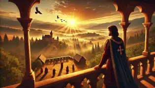 El Príncipe Radu contempla un amanecer dorado sobre el campo rumano, mientras los aldeanos celebran el fin de la maldición del Lobo Negro.