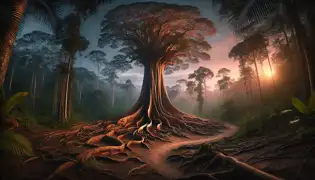Uma colossal árvore ceiba ergue-se em um clareira na selva ao crepúsculo, suas raízes e galhos se estendendo como um guardião ancestral.