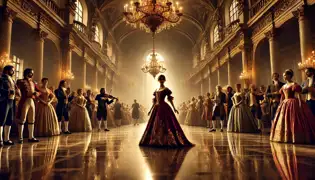 Isabella Moreno, vestida con un elegante vestido carmesí y dorado, se encuentra en el salón de baile del gobernador, ajena a la presencia del extraño enmascarado que acecha cerca.