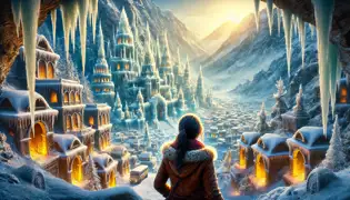 Una ciudad congelada con torres resplandecientes y estatuas envueltas en hielo, rodeada de cumbres nevadas, mientras un arqueólogo observa con asombro.
