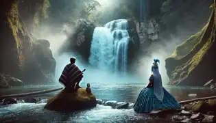 Una mujer mística vestida con túnicas azules está sentada en una roca junto a una cascada, observando cómo Tupán se acerca cautelosamente al pozo sagrado.