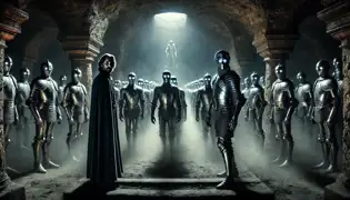 Guerreros armados de plata con ojos resplandecientes emergen de su antiguo letargo en una cámara subterránea débilmente iluminada, mientras el polvo gira a su alrededor.
