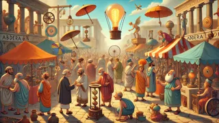 Colorful scene of Abdera's invention festival with absurd devices like a transparent umbrella