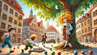 Struwwelpeter with tangled hair befriends a sparrow in a Frankfurt square