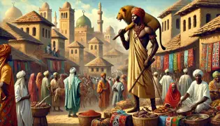 Un cazador hausa se encuentra en un bullicioso mercado medieval en Kano, llevando una piel de león mientras los habitantes del pueblo admiran su valentía.