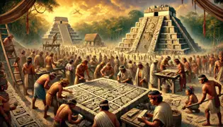 Les villageois s'affairent autour d'un grand autel dans la Grande Plaza de Tikal, sous un ciel doré.