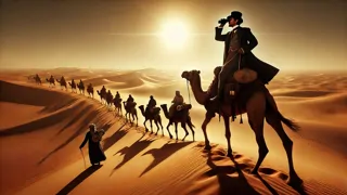 Steamship and camel caravan juxtaposed against a desert coastline
