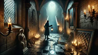 Dim corridor of a ruined abbey with flickering candles and a broken portrait frame