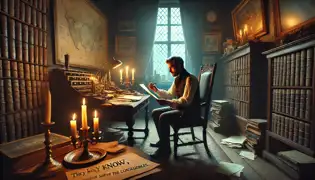 Daniel Vos se sienta en un escritorio iluminado por la luz de las velas, examinado la carta secreta de Lady Elise que contiene una advertencia críptica: