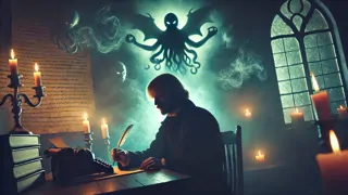 Un erudito envuelto en sombras, iluminado por fragmentos de imágenes de sueños prohibidos.