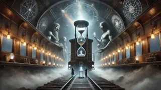 Pasajeros que entregan tokens brillantes a deidades sombrías y majestuosas en un vagón de tren iluminado por linternas