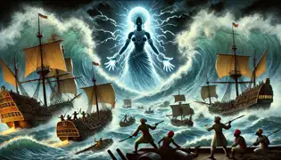 Maam Kumba Bang affronte les navires du capitaine LeClair alors que la rivière s’agite en vagues, les projetant dans le chaos et la destruction.