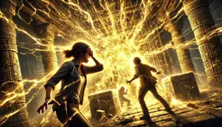 Una poderosa explosión de luz dorada del Piedra del Sol envuelve a Miguel, mientras que Elena y Diego se protegen de la fuerza.