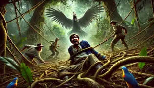 Diego se encuentra atrapado por las lianas vivas de la selva mientras el Mbói Tu’i se cierne ominosamente, con Miguel y el Dr. Cárdenas observando en horror.