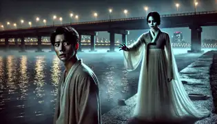 Un aterrorizado Ji-hoon está de pie junto al río Han mientras la fantasmal Seo Ha-eun se extiende hacia él, su mirada llena de tristeza fijada en la suya.