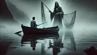 Un barco fantasma flota en la niebla mientras el espectral pescador lanza su red, mientras Elias Jn-Pierre observa con horror.