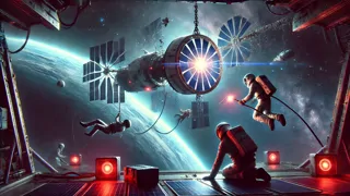 Tripulantes en ingravidez reparando una matriz solar dañada en el exterior de la nave espacial, mientras planetas lejanos se reflejan en sus visores.
