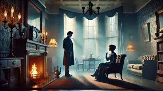 Holmes y Watson enfrentándose a Irene Adler bajo la pálida luz del amanecer en el número 221B de Baker Street.