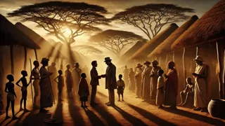 Exploradores victorianos regresan a una aldea africana, transformados y bien recibidos, tras su búsqueda de las Minas de Salomón.