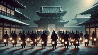 Ronin asaltan la mansión de Kira bajo la nieve que cae, con linternas y espadas.