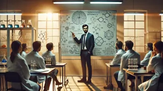 Charlie revisando detallados diagramas de neurociencia con investigadores.