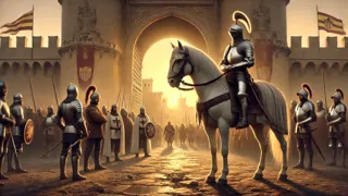El cuerpo acorazado de El Cid a caballo liderando a sus caballeros durante el último sitio de Valencia.