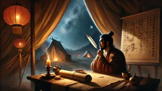 Zhuge Liang in seinem Zelt, wie er unter den Sternen seine letzte Feldzug plant.