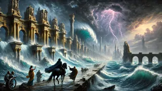 Una feroz tormenta envuelve la Ciudad de Ys mientras el agua irrumpe a través de las puertas doradas; el Rey Gradlon huye acompañado de Dahut.
