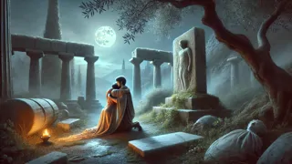 Orestes y Electra se abrazan junto a la tumba de Agamenón bajo el cielo iluminado por la luna.