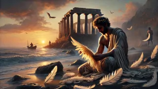Dédalo llorando a Ícaro en una rocosa costa siciliana con las alas rotas