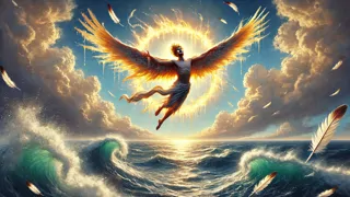 Ícaro volando demasiado alto hacia el sol mientras las plumas caen de sus alas.