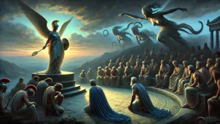 Atenea preside el juicio de Orestes en el Areópago mientras las Furias acechan en las sombras.