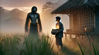Lek se enfrenta a Krahang al amanecer frente a una choza abandonada y cubierta de maleza.