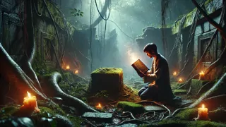 Khun Prasert descubre el grimorio prohibido en un santuario cubierto de maleza en el bosque.