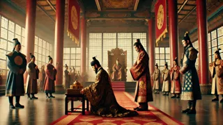 Hang Tuah se encuentra vestido con ropajes reales ante el Emperador Ming en una majestuosa corte china.