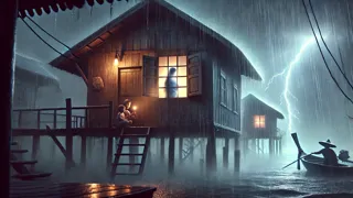 La figura translúcida de Nak en la ventana durante una tormenta eléctrica en Phra Khanong.